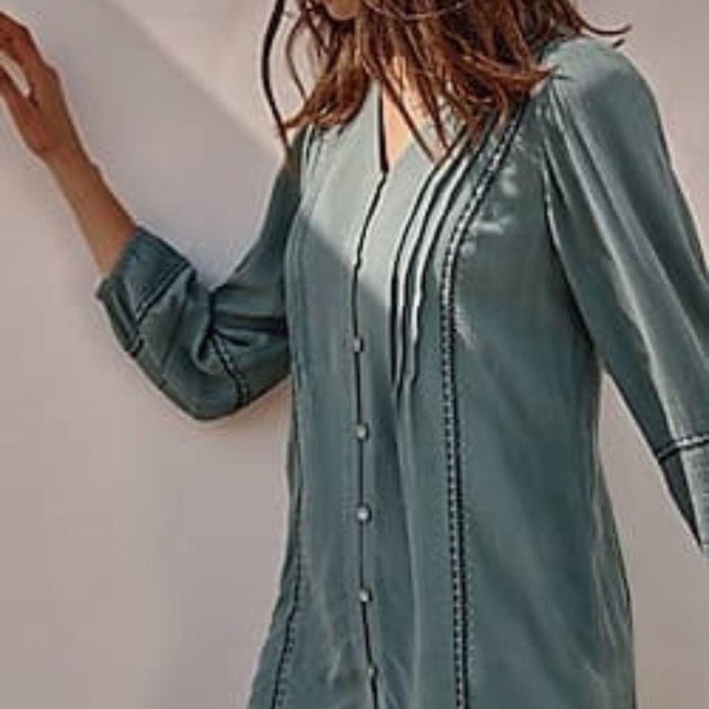 J. Jill Tunic Top Medium Petite Blue Spruce Embroidered Pintuck Button Blouse.